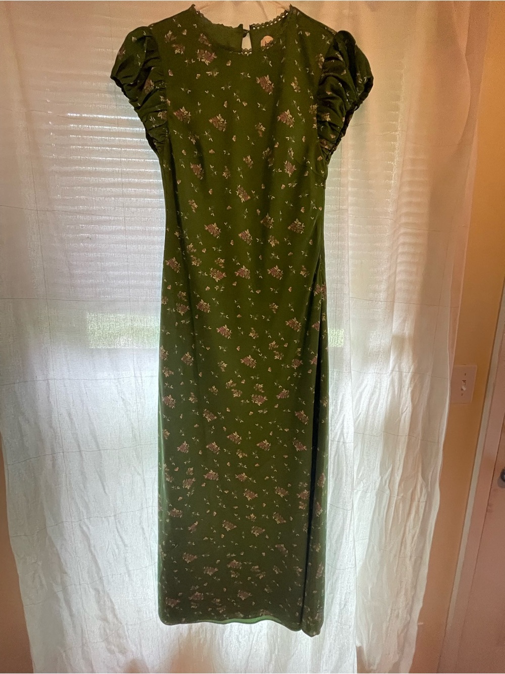bohme Olive Green Floral Maxi Dress with Ruched Cap Sleeves